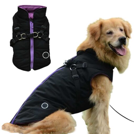 Vesta caini talie mare, imblanita, impermeabila, ham incorporat, Negru #HM148